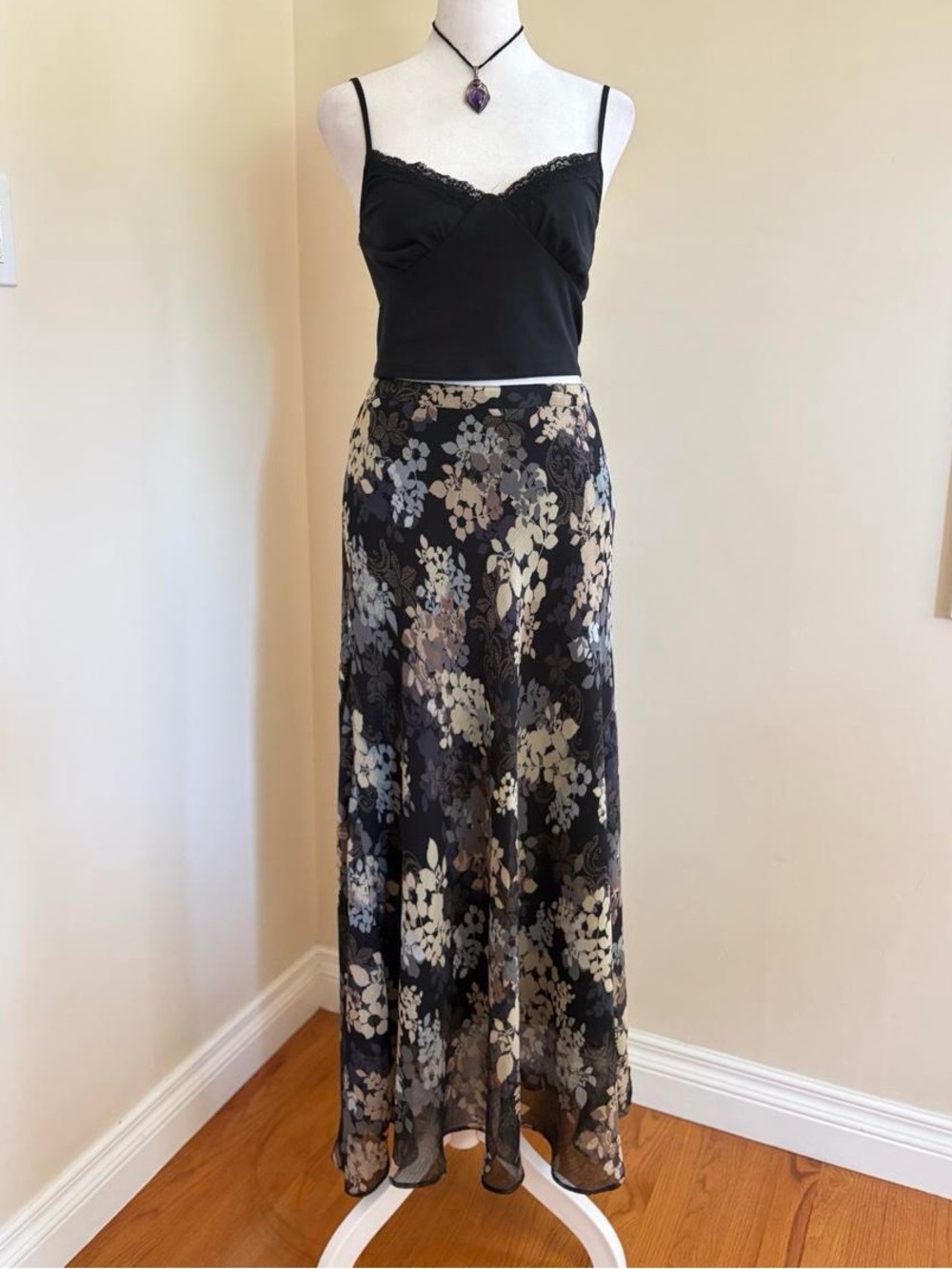 Vintage Y2K whimsygoth black floral tapestry sheer chiffon overlay maxi skirt 8
